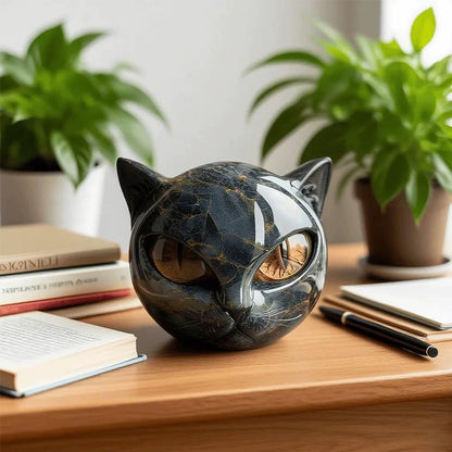 Statua di gatto nero in pietra (testa in resina, texture in marmo): pietra curativa, souvenir, regalo, decorazione per la scrivania di casa/ufficio. - Stilex