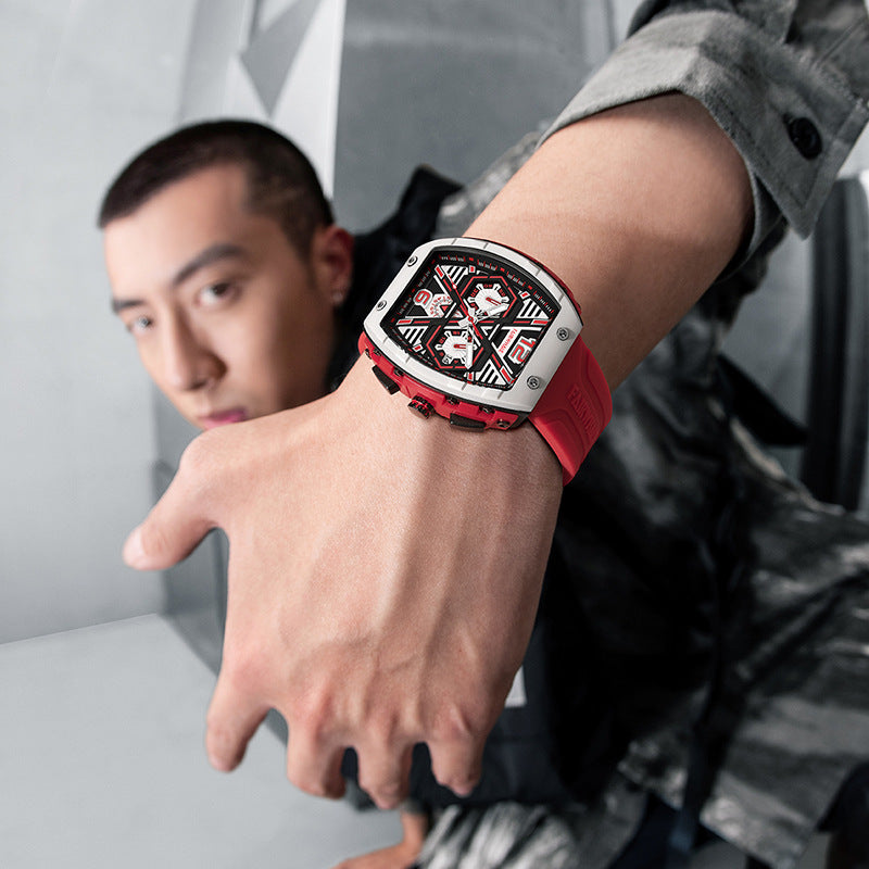 Orologio da polso casual al quarzo da uomo, multifunzionale, con tre occhi che scuotono il quadrante esplosivo - Stilex